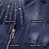 Sudadera con capucha de lujo para hombre, estilo Y2K, de algodón lavado azul marino, 400GSM, oversize, con cremallera completa, hombros caídos y adornos de cristales de imitación.