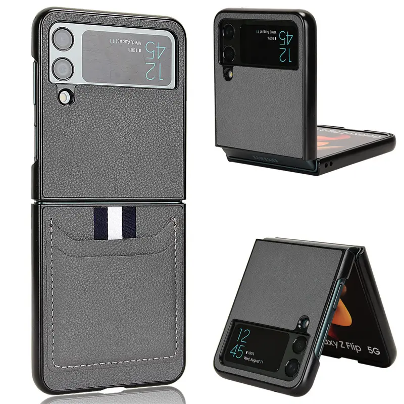 Lychee Leather Skin Card Insert Card Holder Cover Case For Samsung Galaxy Zflip 3 Z FLIP4 Z Flip 4G 5G
