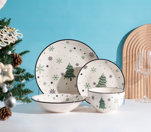 Customizable Christmas Themed Ceramic Dinner <b>Set</b>, Hand-Drawn Tree & Snowflake Porcelain Tableware, Bulk Wholesale - Product Image 1