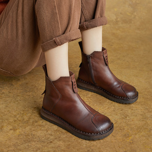 Botines de Piel Auténtica Retro con Cordones y Tacón Plano para Otoño e Invierno - Product Image 2