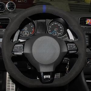 Protector personalizado para <span class=keywords><strong>volante</strong></span> de coche, ante negro para Volkswagen <span class=keywords><strong>Golf</strong></span> 6 GTI MK6 VW Polo GTI Scirocco R Passat CC r-line 2010 - Product Image 5