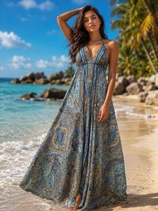 Robe longue trapèze en soie Paisley faite main de qualité supérieure, col en V, imprimé floral bohème, taille naturelle, pour festivals et vacances, pour femme - Product Image 6