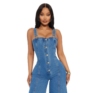 Combinaisons pour femmes en denim sexy à bretelles spaghetti, bouton sur le devant, décontractées, <span class=keywords><strong>pantalon</strong></span> large à jambes droites, tenue <span class=keywords><strong>de</strong></span> soirée, <span class=keywords><strong>combinaison</strong></span> une pièce - Product Image 3