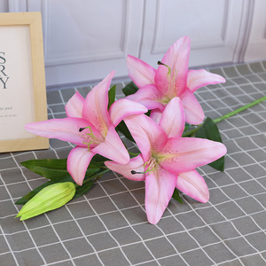 Lys artificiels à 3 <span class=keywords><strong>t</strong></span>êtes, très demandés, avec 2 fleurs et 1 bourgeon, fausses fleurs pour la décoration intérieure et les bouquets de mariage - Product Image 3