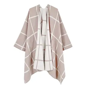 Wholesale Winter Wool Shawl Luxury Fashion Women Double Side Plaid Poncho for Women