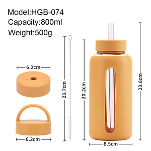 Copo de Água de Grande Capacidade 800ml com Tampa Dupla, Escala de Tempo, Garrafa Térmica Portátil para Exterior com Manga de Silicone e Vidro – Em Promoção - Product Image 5