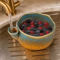 JIN PENG Keramische zelfdrainerende Swirl Berry waskom, veelkleurig met afvoer voor keuken, fruit, groentewasser, decoratie