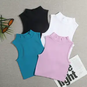 Đồng Bằng Trống Giản Dị Dệt Kim Crop Top Phụ Nữ Giản Dị Mock Cổ Không Tay Gân Tank Top Yogs Thể Thao Crop Tank Top Phụ Nữ Mùa Hè