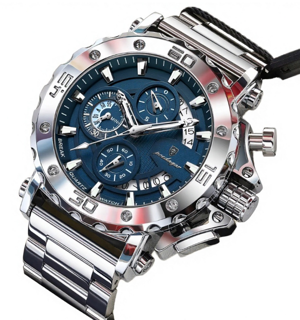 Luxury Antique Quartz Watch Stainless Steel Band Simple Dial Water Resistant Casual Men's Fashion Style Blue Watch