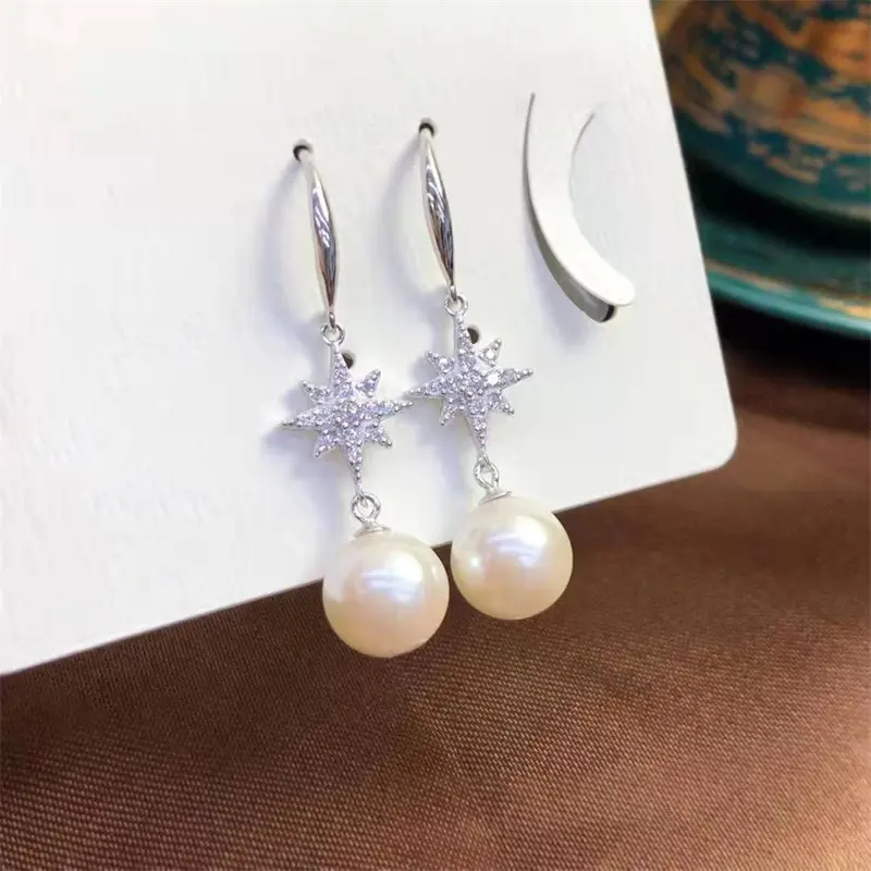 Fine bridal 8-9 mm fresh water natural genuine pearl shiny zircon real silver drop long earrings jewelry