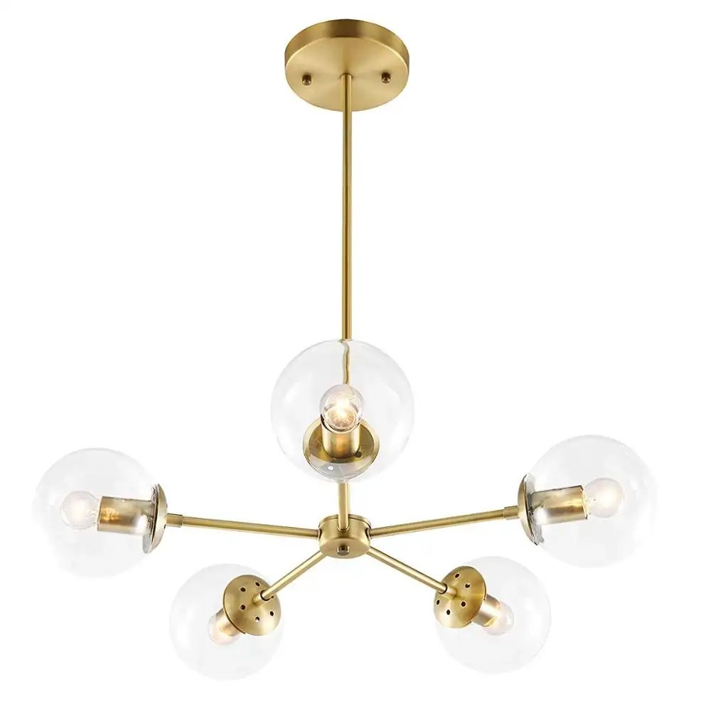 5-Light Chandelier Pendant Brushed Brass with Clear Glass Globes Classic Mid Century Modern Lighting Fixture