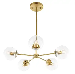 Lustre de 5 luzes de bronze escovado, lustre com globos de vidro transparente, clássico, meio do século, luminária moderna