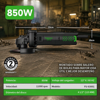 Meuleuse d'angle FUMETAX Ultra 850W, disque de 115 mm, 11000 tr/min, 127V, moteur à roulement à billes, outil électrique robuste, métaux non ferreux, tige hexagonale