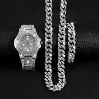 Hiphop relógios masculinos corrente cubano, ouro, gelado, strass, homens, relógio com pulseira, conjunto de relógio para homens, relógios de pulso, presente