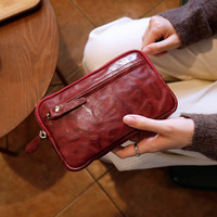 Tas Dompet Kulit Sapi Asli Full Grain Retro Vegetable Tanned Dengan Tali Pergelangan Tangan, Kapasitas Besar Untuk Wanita