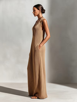 Damen Ärmelloses V-Ausschnitt Geripptes Strick-Maxikleid Halb-Knopfleiste Figurbetont Gestricktes Sexy Club-Kleid mit Aussparungen Langes Lässiges Strickwestenkleid
