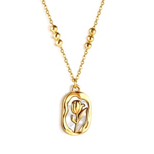 Colliers pendentifs en forme de rose gravés de style français, plaqués or 18 carats, en acier inoxydable, bijoux de mode, collier à breloques pour femmes - Product Image 1