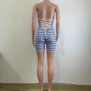 Viviblook Z318RP01 Hot Selling Women Summer New Striped Printed Hanging Neck and Backless Sexy <b>Romper</b> Bodycon - Product Image 5