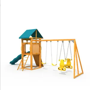 Wooden Playhouses outdoor Wooden Swing set With Tarp Roof And Slide For Kids Play with equipment