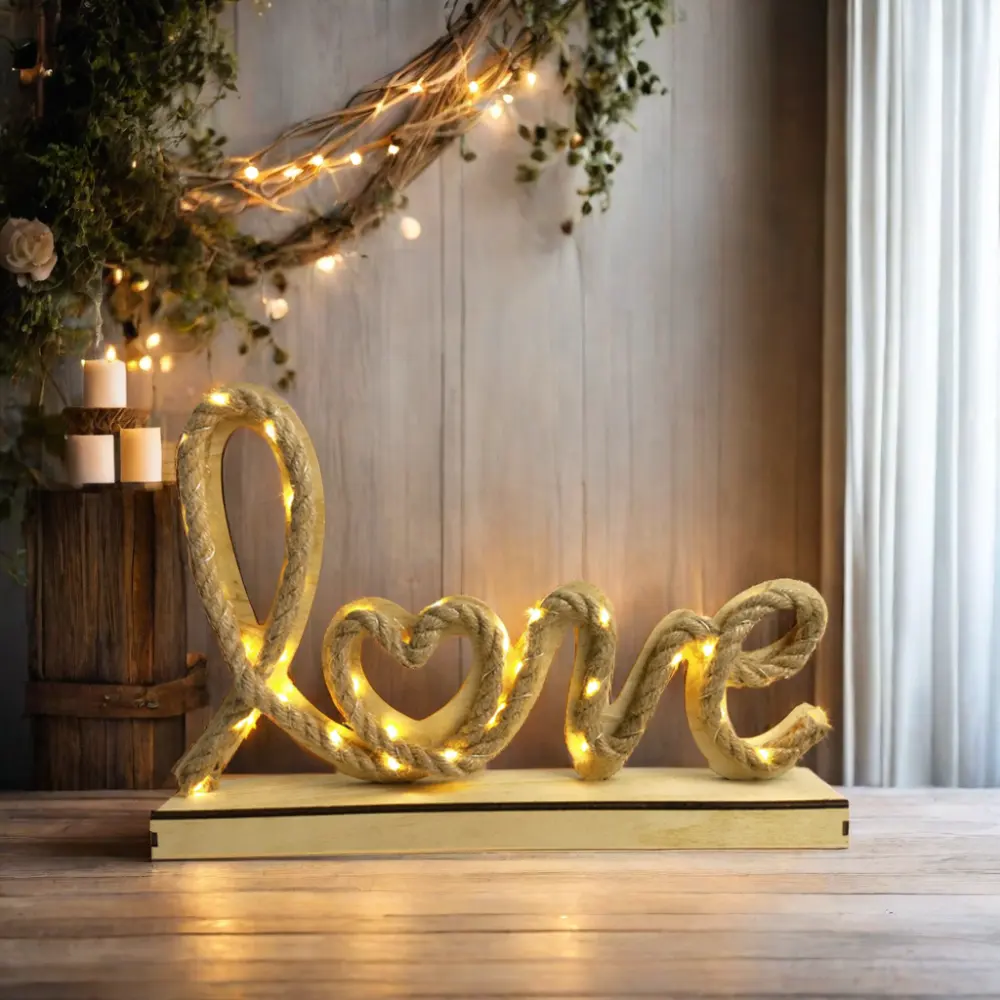 Luz de madeira artística feita a mão para amor com micro-LED iluminação decorativa para o Dia dos Namorados com tema amor