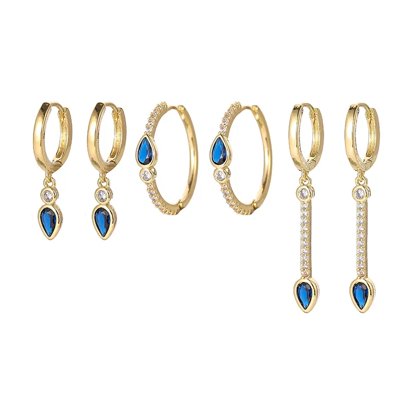 ANENJERY Blue Zircon Water Drop Geometric Earrings Set For Women Hoop Earrings Huggies