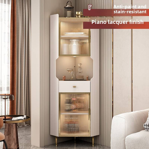 Meuble d'angle moderne avec vitrine haute et étroite, porte en verre, éclairage LED et tiroir, buffet d'angle de luxe - Product Image 6