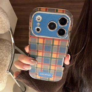 Coque pour iPhone 17, en cuir électroplaqué avec motif écossais bleu britannique, coque de téléphone souple antichoc intégrale - Product Image 1