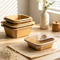 Boîtes d'emballage alimentaire jetables OEM en papier kraft écologique, conteneurs carrés et octogonaux avec couvercle transparent surélevé pour boulangerie et salades