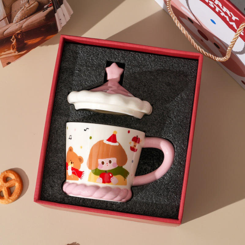 Tasse de compagnie de Noël mignonne-tasse rose + couvercle + coffret cadeau