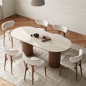 Table à manger en bois massif <span class=keywords><strong>de</strong></span> style rétro français avec plateau en pierre <span class=keywords><strong>de</strong></span> grotte <span class=keywords><strong>de</strong></span> style crème, 6 chaises en noyer pour le salon - Product Image 1