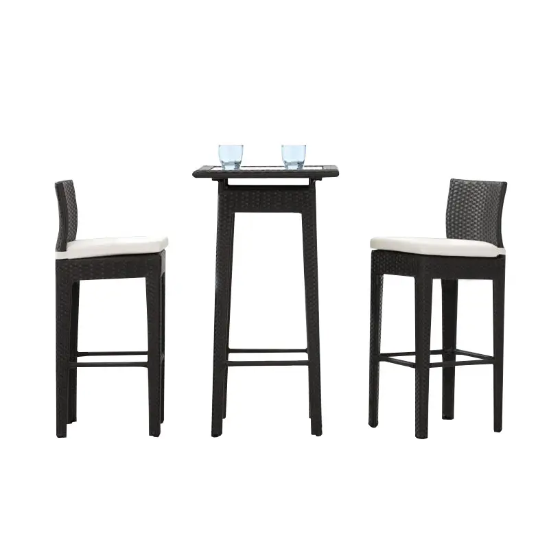 Outdoor rattan mesa e cadeira conjunto de três peças varanda pátio bar cadeira café cadeira alta Rattan mesa de café combinação