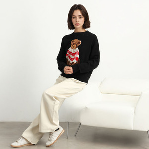 Áo len dệt kim jacquard hình gấu nữ 100% len, cổ tròn, hàng dệt kim tùy chỉnh, áo mùa đông dành cho nữ - Product Image 2