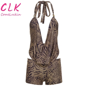 New Sexy Leopard Print Digital Printing Halter Neck Backlesstop Summer Knitting Breathable Knee <strong>Shorts</strong> <strong>Suit</strong> <strong>Women</strong> 2 Piece Set - Product Image 5