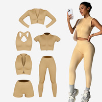 Ensemble de yoga côtelé 6 pièces : soutien-gorge à manches courtes, short, pantalon, débardeur – Tenue de sport sans couture et respirante pour l'entraînement