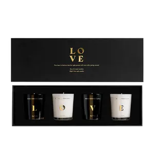 Vela de luxo de marca própria, conjunto de velas perfumadas de vidro preto para presente, vela de cera de soja com 4 peças em caixa com sacola para presente