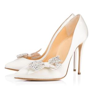 Chaussures habillées à talons hauts <span class=keywords><strong>pour</strong></span> femmes avec perles classiques en strass et nœud papillon à talons fins <span class=keywords><strong>pour</strong></span> les mariages d'été à bout pointu - Product Image 1
