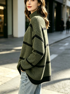 Pull col roulé rayé tendance pour femme, coupe oversize, manches longues, décontracté, chic, pour le quotidien et le streetwear - Product Image 2