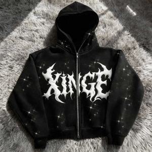 Sudadera con capucha extragrande de diseño gótico original personalizado con logo, estilo urbano, estampado de pedrería, hombros caídos, corte holgado, con cremallera para hombre - Product Image 2