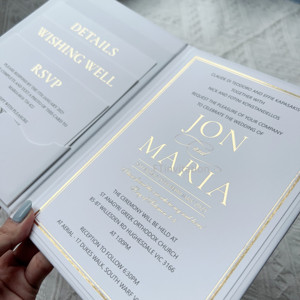 Inviti Personalizzati Formato A5 con Copertina Rigida Pieghevole, Stampa in Lamina Dorata, Inviti Matrimoniali Bianchi con Tasca - Product Image 4