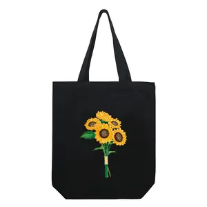 Floral Embroidery Pattern Single Custom Print Side Bags Cotton Canvas Tote Bag With Pockets Canvas Tote Bag