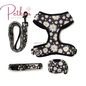 Harnes anjing pribadi kelas atas Logo khusus dan cetak pola bunga aster putih hitam <span class=keywords><strong>Harness</strong></span> dan Set tali untuk OEM ODM - Product Image 3