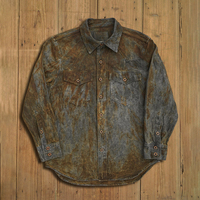 Kemeja Denim Pria Warna Rust Custom 100% Katun Berkualitas Tinggi dengan Kantong Dada Berpenutup, Kancing Kayu, Pewarnaan Vintage, Lengan Panjang, Bahan Kanvas