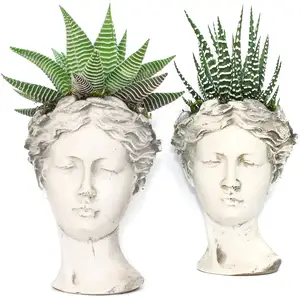 Unique Mini Head Planter Cement Succulent Pots and Planters of Greek Female Goddess Helen Head Gorgeous Grey Statues for Homes