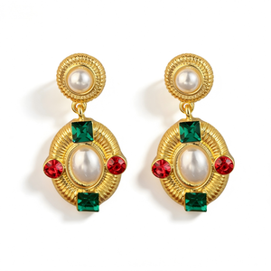 Boucles d'oreilles pendantes plaquées or vintage à la mode, incrustées de zircon et de perles, design rétro français unisexe - Product Image 1