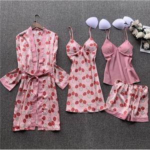 Pyjamas en soie imprimée de qualité export européenne et américaine pour femmes, printemps et automne, manches longues, soie sexy, quatre pièces - Product Image 3