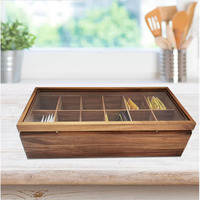 Organizador de Madera Maciza Ajustable con 12 Compartimentos para Bolsitas de Té, con Tapa de Vidrio