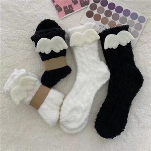 Coral Fleece Wing <b>Socks</b> Women Mid Calf Warm <b>Soft</b> Lounge <b>Socks</b> White Black Solid Color Cotton Material - Product Image 2