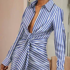 Bomblook X21DS518 Elegant Women Stripe Shirt Dress V-neck Long Sleeve Turn-down Collar Party Wear Dress