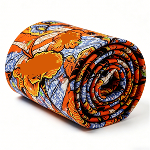 Tela Africana Estampada con Cera Prestige Gold, Diseño Irregular con Flores Naranjas y Patrones Azules, Pagne Loincloth, Tissu AfricanWax - Product Image 1