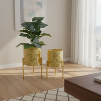 Ensemble de 2 pots de fleurs en métal de 9 et 10 pouces, décoratifs, en fonte, dorés, géométriques, avec support, pour fleurs artificielles, avec trou de drainage, pour la maison et le jardin